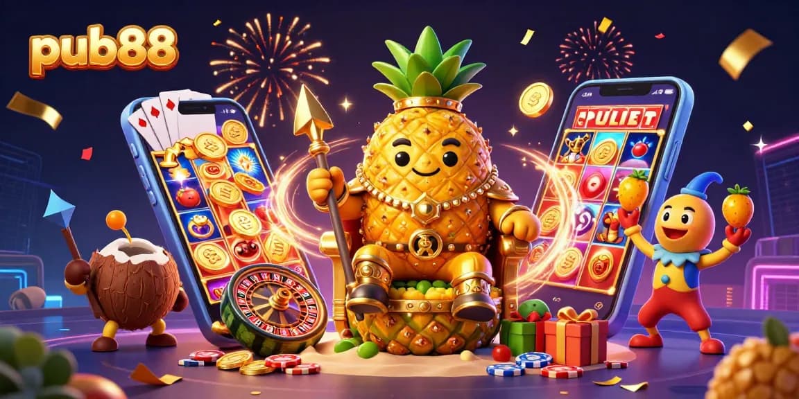 Experience the excitement at pub88 with a golden pineapple king ruling a vibrant beach casino.