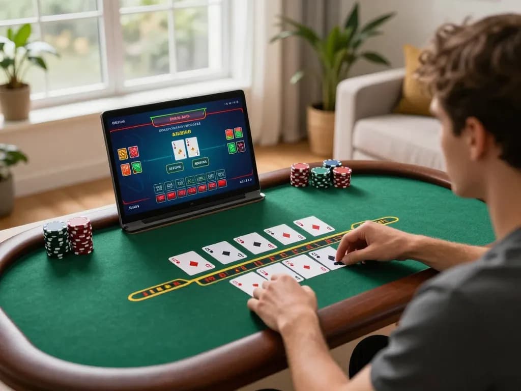 Player enjoying an engaging blackjack session on 23win from home, showcasing vibrant gaming setup.