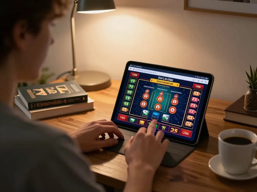 Player enjoying CM88 online gaming on tablet in cozy home office, showcasing live dealer excitement.