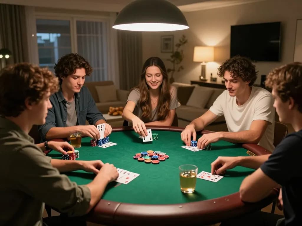 Players enjoying a lively game night with friends at home, showcasing strategic decisions in open88 poker.
