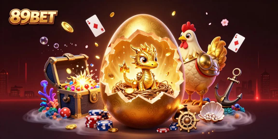 Engage with 89BET as the golden dragon emerges on poker chips amidst vibrant casino-themed elements.