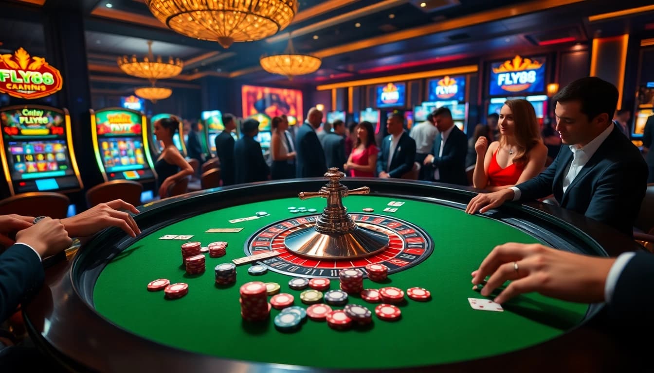 FLY88 casino scene showcasing a roulette table, vibrant chips, and engaged players.