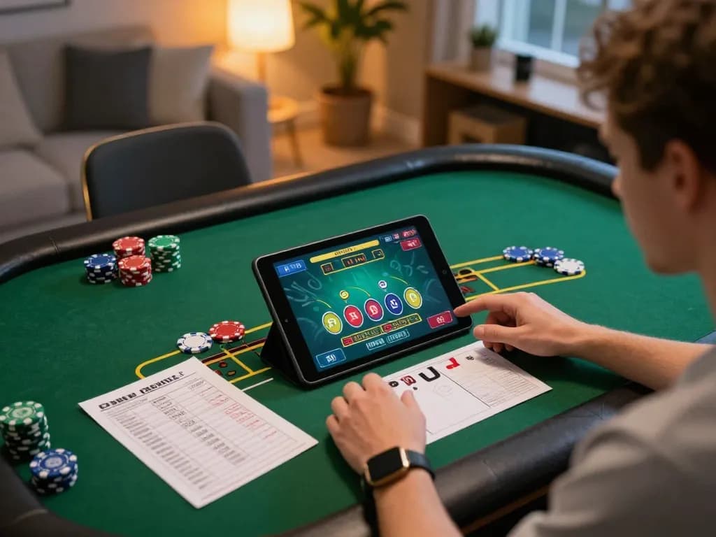Player strategizing in online blackjack game at home with gen-e brands.