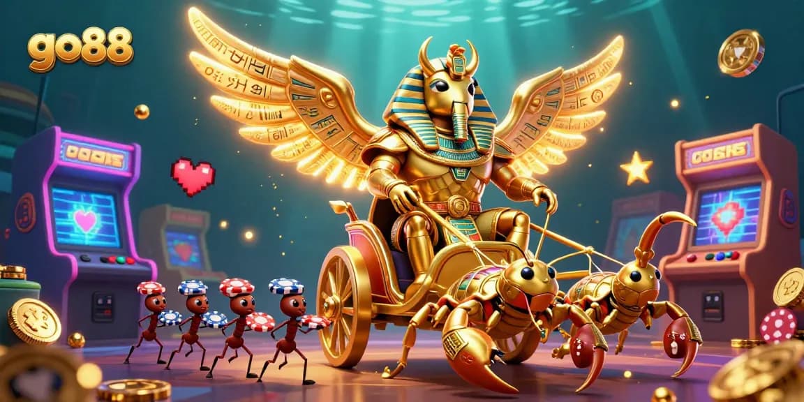 Engage with go88 in a vibrant action-packed casino scene featuring a scarab beetle and colorful gaming elements.