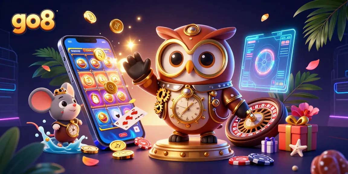 Experience thrilling action at go8 with an energetic casino scene of cartoon characters and vibrant gaming elements.