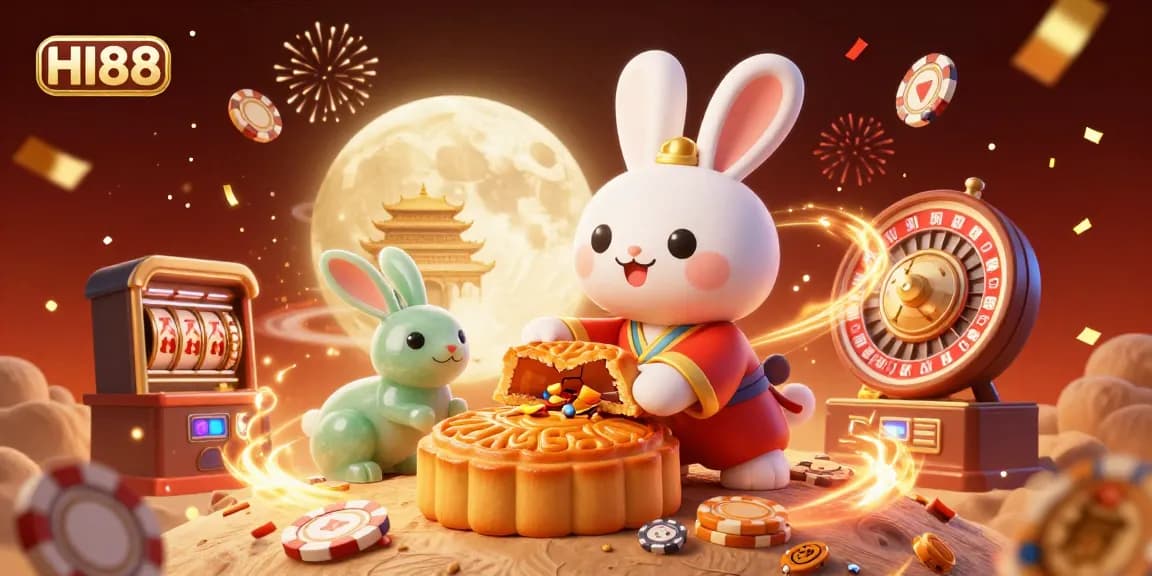 Experience the excitement at HI88 with a dynamic 3D casino scene showcasing festive elements and poker treasures.
