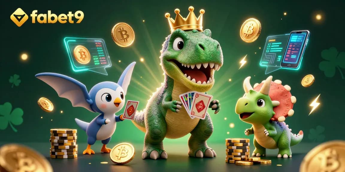 Experience diverse gaming at fabet9 with a friendly dinosaur dealer and vibrant cryptocurrency accents.