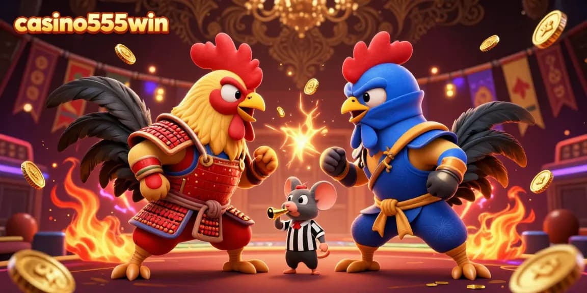 Experience thrilling action with casino555win featuring cartoon roosters in a dynamic standoff amidst golden feathers and gambling elements.