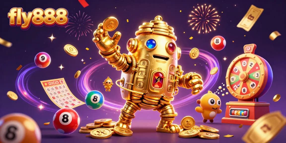 Experience the thrill of gaming with fly888, featuring a dynamic 3D golden golem and colorful casino elements.