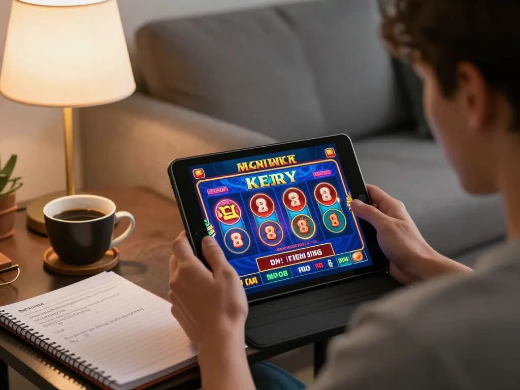 Engaging player enjoying real money pokies Australia on tablet in cozy living room.