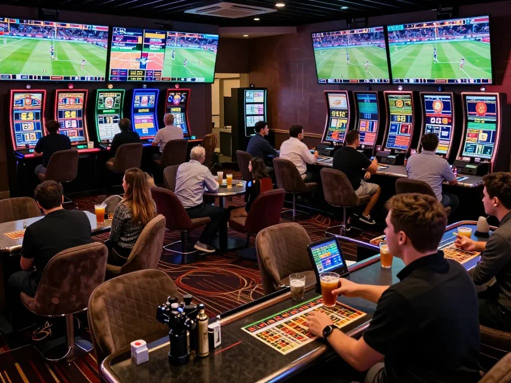 Sports betting scene at a luxurious casino lounge with cm88 showing live odds and active bettors.