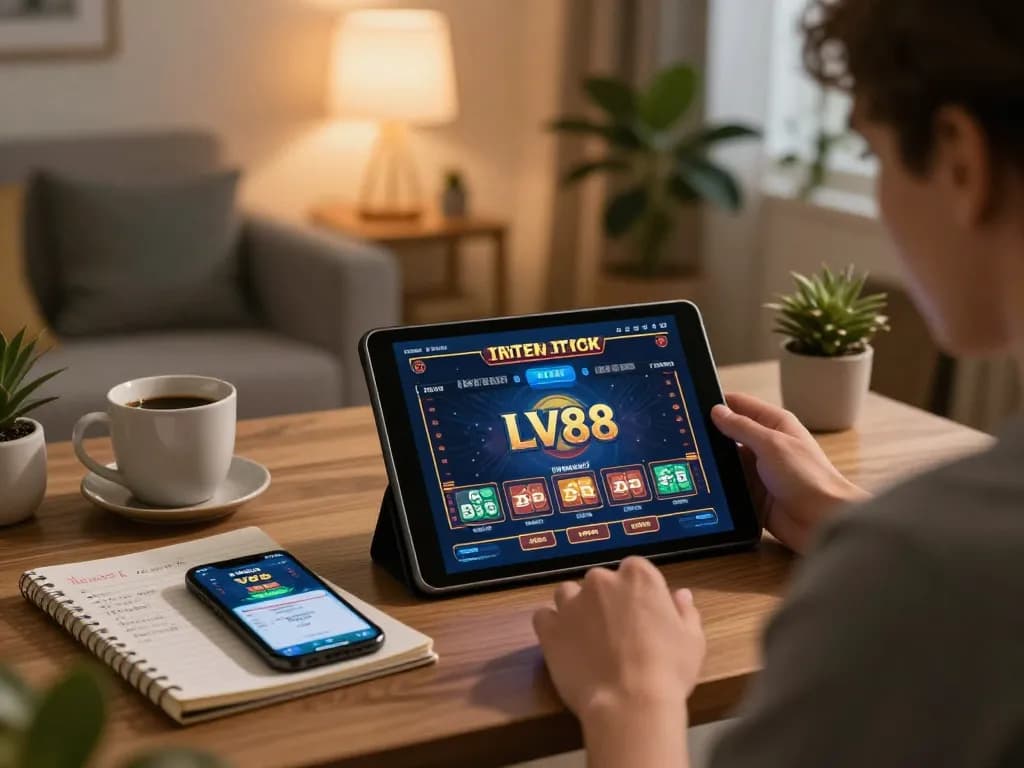 Player strategizing at home with LV88 tablet, showing engaging online casino gaming experience.