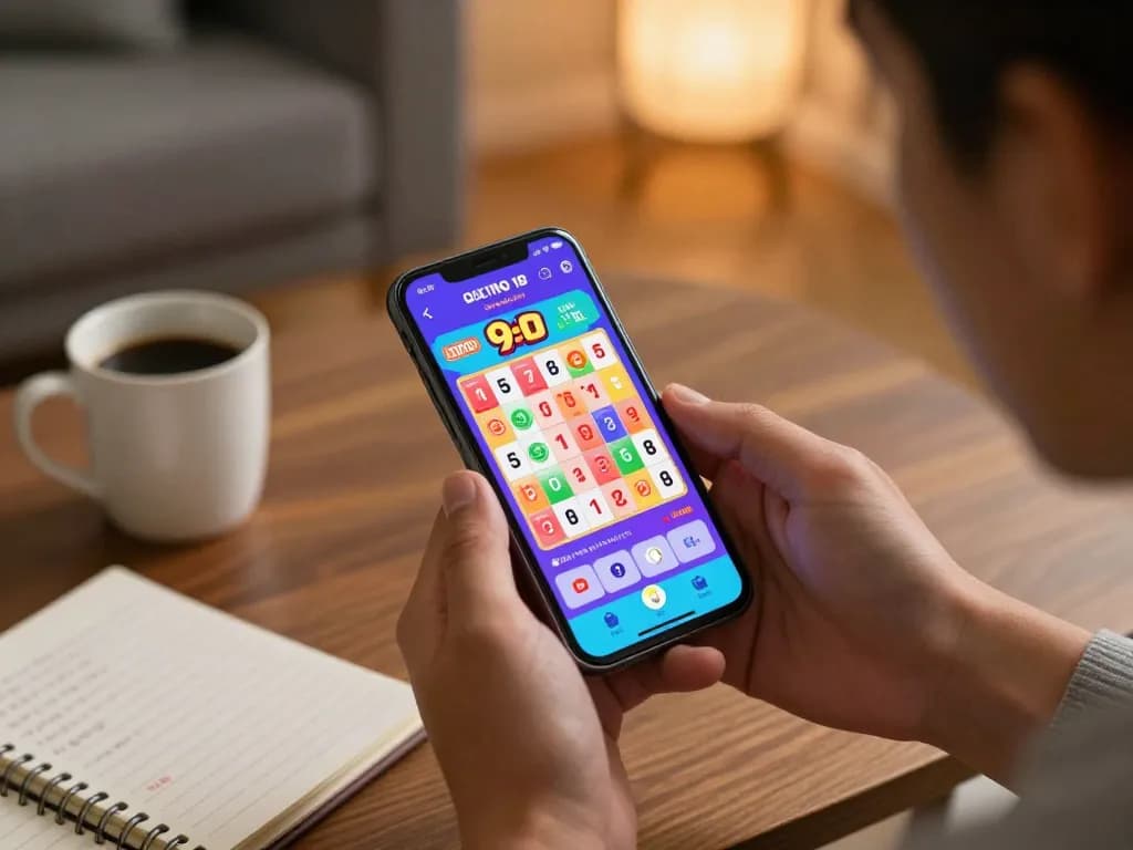 Engaging with the 9 Lotto 4D app for real-time lottery results in a cozy home setup.