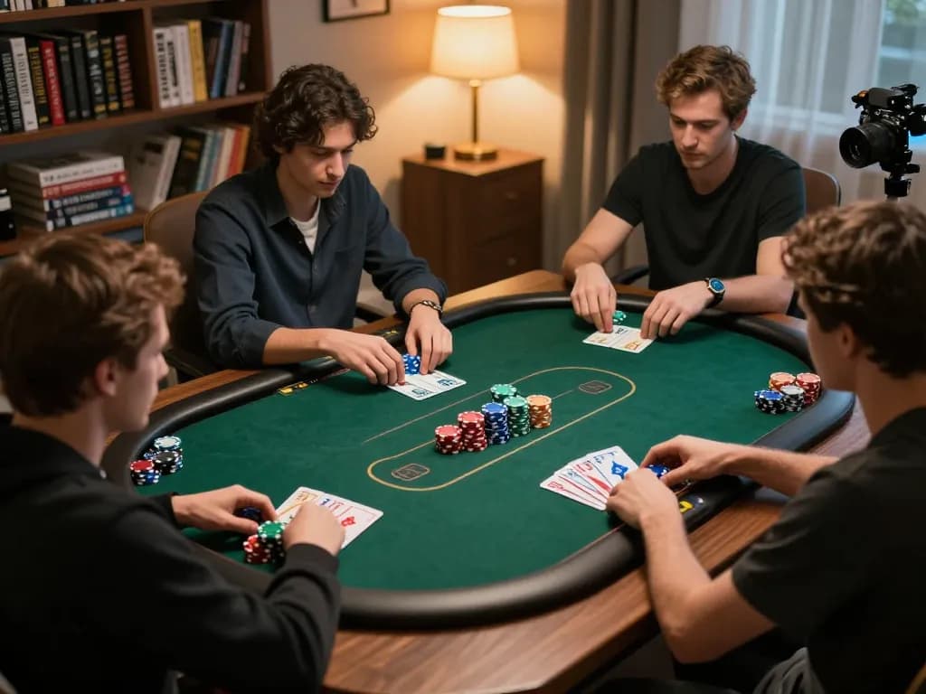 Players engaging in a strategic poker game at home on twiin68, showcasing vibrant chip stacks and focused gameplay.