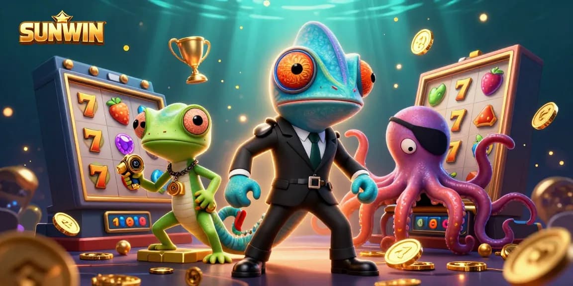 SUNWIN offers engaging slot experiences with vibrant themes and jackpots in a dynamic casino illustration.