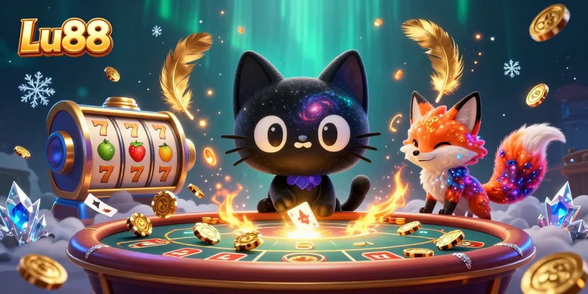 Experience the thrill of Lu88 as a cosmic black hole cat pulls in golden chips at a vibrant casino.