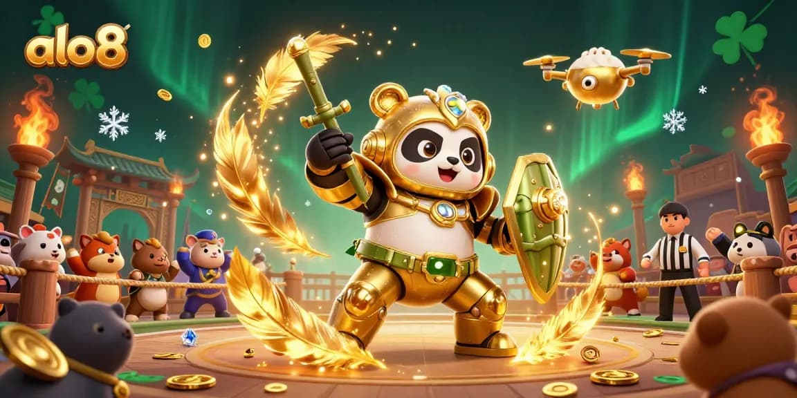 Alo8 users enjoy thrilling gameplay with a mech-suit panda battling in a vibrant online casino arena.