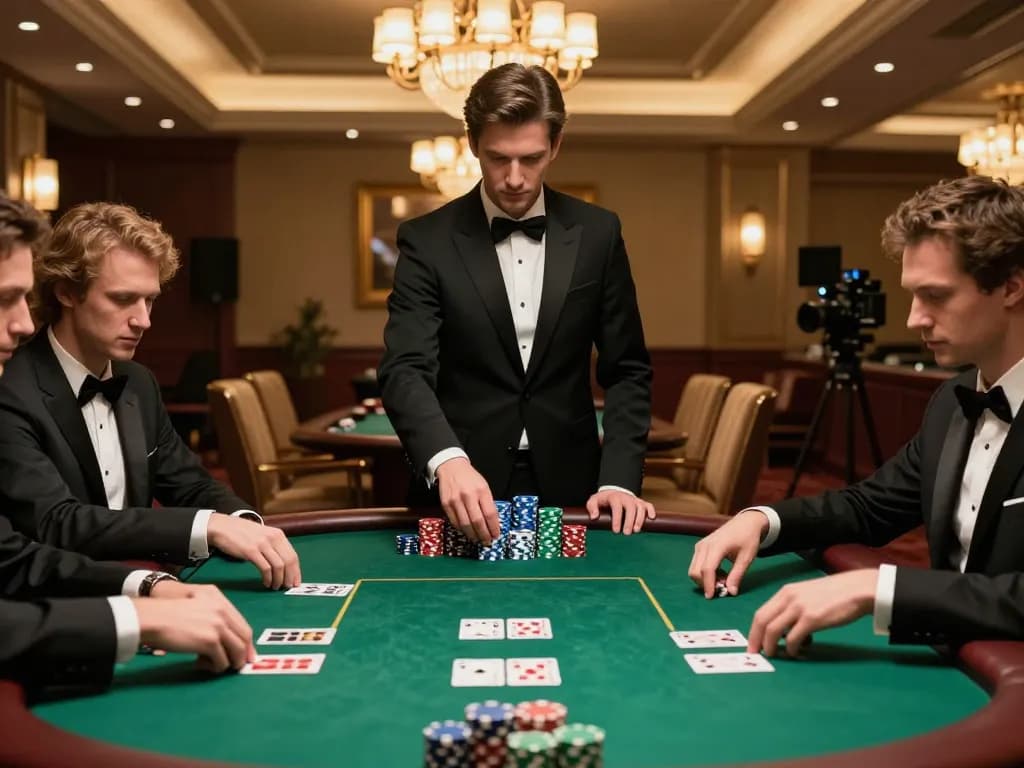 Players engaged in a high-stakes poker game at a luxurious casino table, showcasing strategic gameplay on hoiquantvhd.