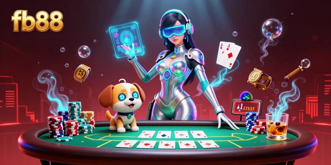 Win big with fb88 in a vibrant casino scene featuring futuristic characters and poker elements.