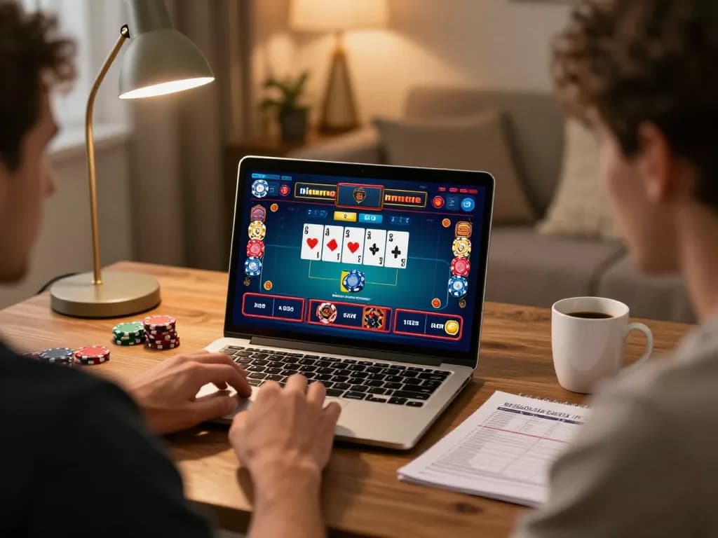 Player strategizing game play at 98win online poker table in cozy home setting