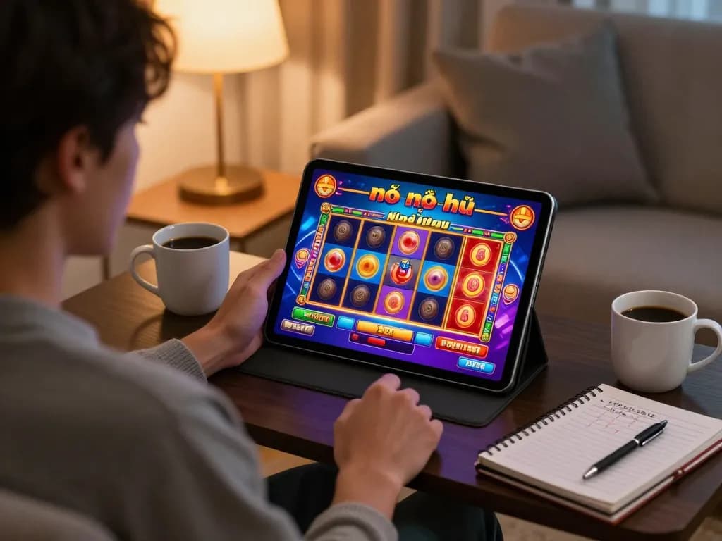 Playing the nổ hũ slot game on a tablet in a cozy home setting, showcasing strategic gaming