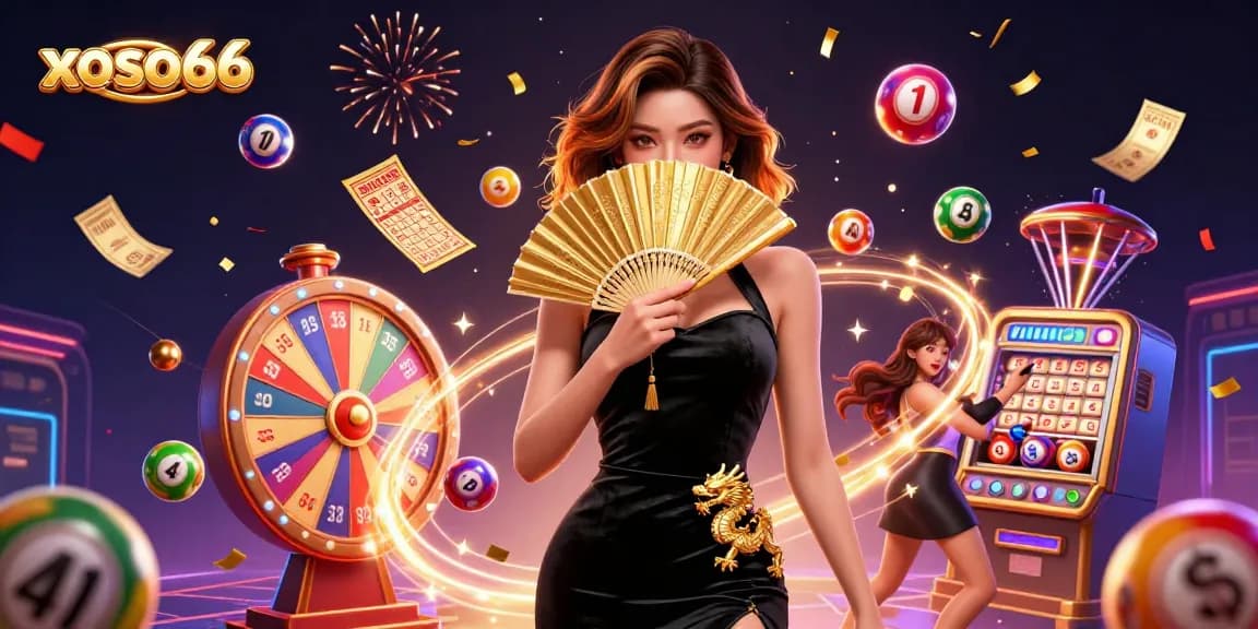 Xoso66 casino illustration featuring a stunning Asian woman amidst vibrant lottery elements and celebratory effects.
