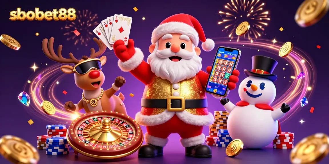 Sbobet88 celebratory illustration with Santa, reindeer, and snowman amidst casino elements