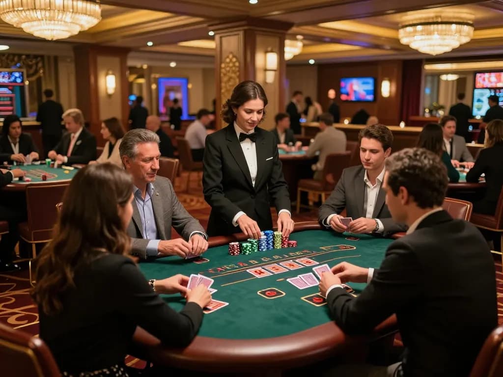Twin68 blackjack table filled with excited players enjoying strategic gameplay in an upscale casino.