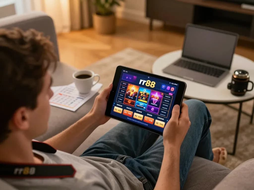 Engaging gameplay with rr88 casino interface displayed on tablet in cozy home setting.