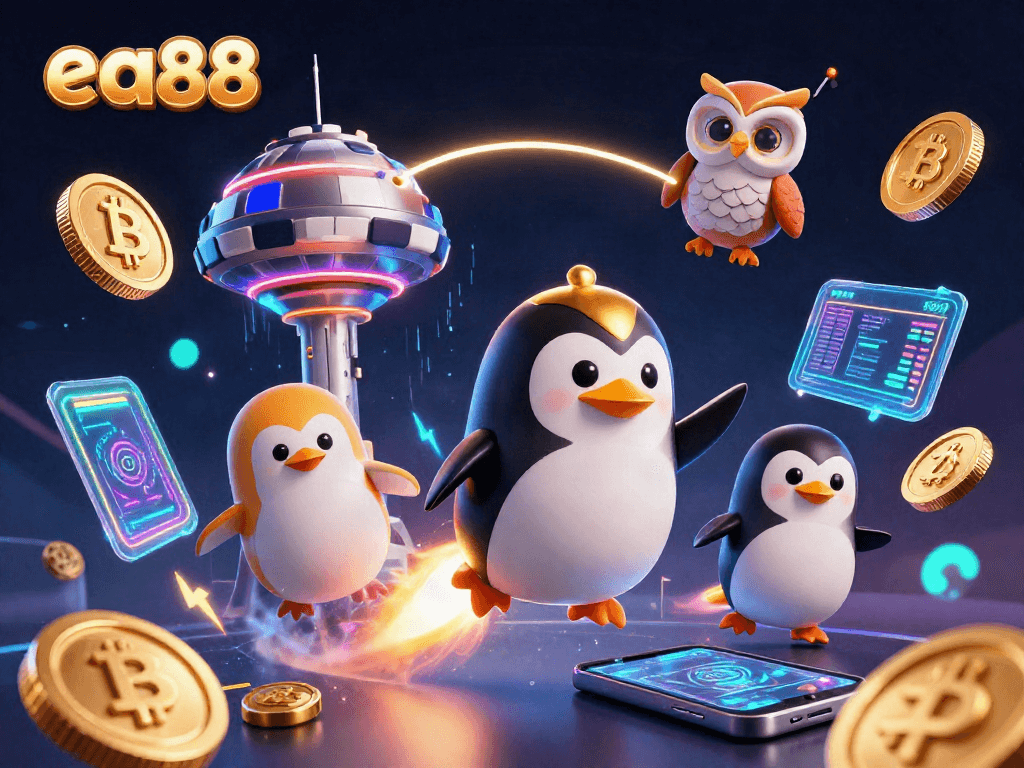 Experience the thrill of ea88 with a golden penguin and casino elements in a vibrant 3D space.