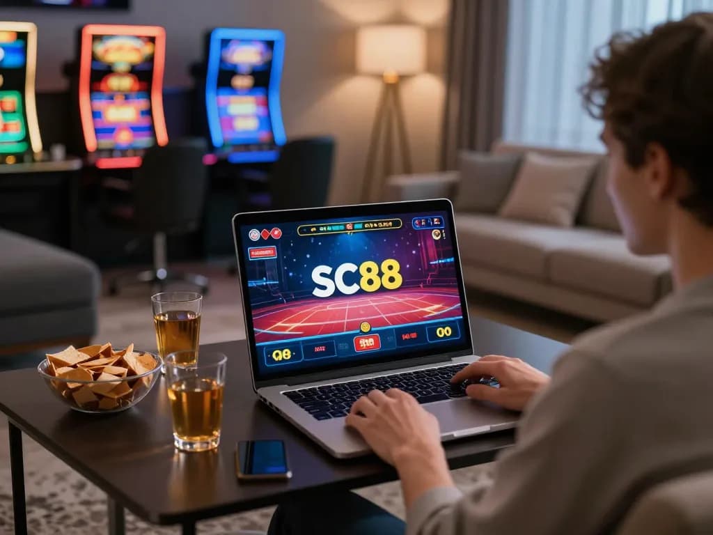 Player engaging in digital gaming action with SC88 at home, showcasing live dealer gameplay on modern laptop.