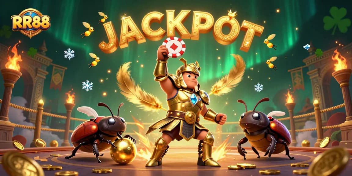 RR88 jackpot celebration illustration with hercules beetle in armor, dung beetle, and fireflies.