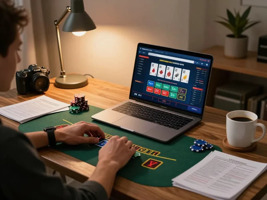 Player engaged in strategic online blackjack gaming session at home using aa88 platform with laptop and notes.