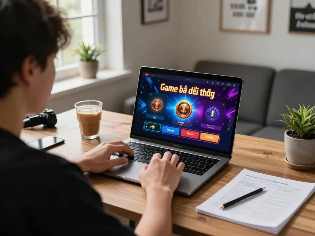 Engaged player navigating Game bài đổi thưởng on laptop, illuminated by natural light in a cozy home office.