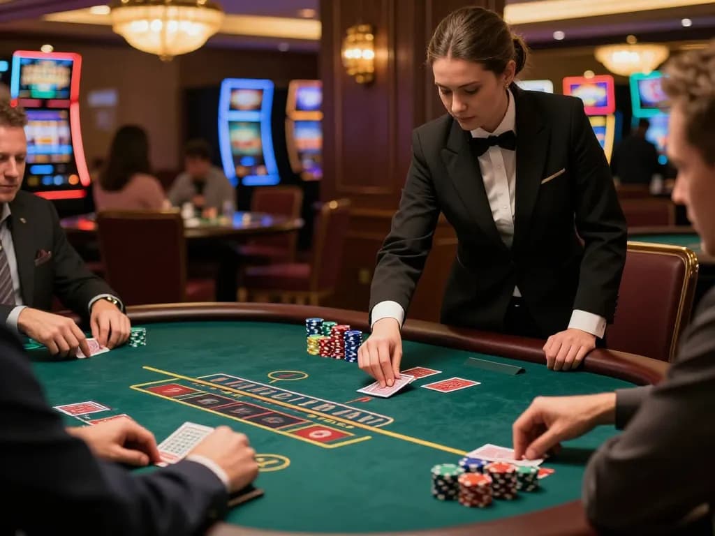 Engaged players at a blackjack table strategizing bets for an mb66 win in a luxurious casino setting