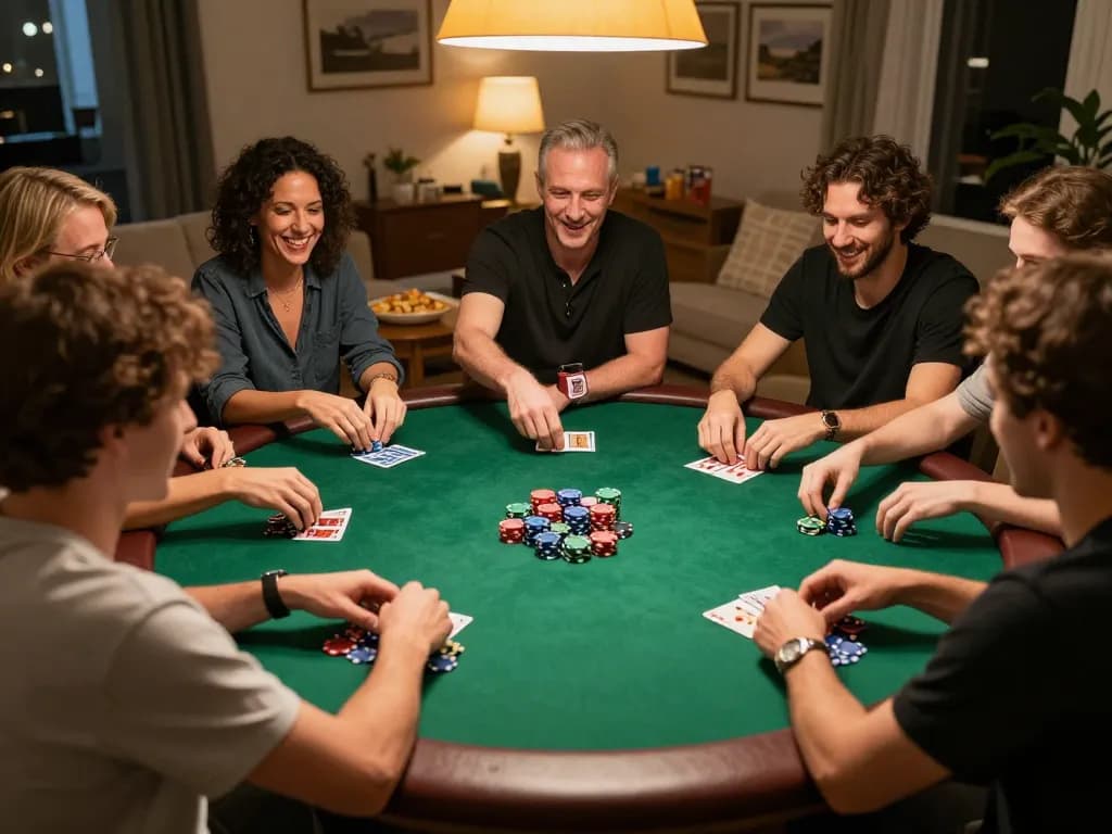 Engaging poker game scene showcasing friends playing BOMWIN with strategy and excitement.