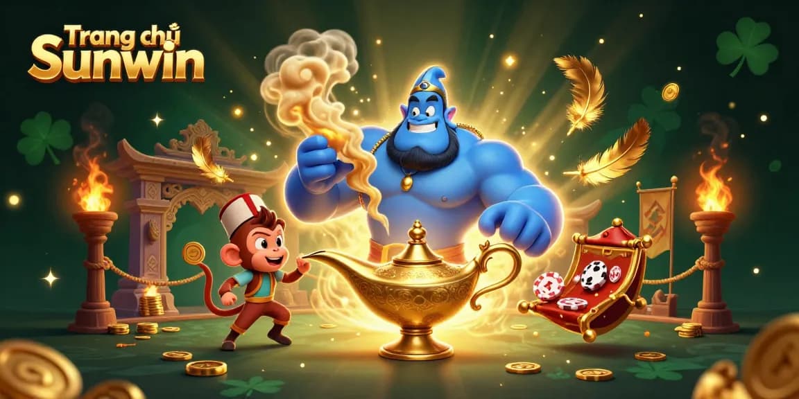 Experience the excitement on Trang chủ Sunwin with a dynamic illustration featuring a Genie, monkey, and poker-themed magic carpet.