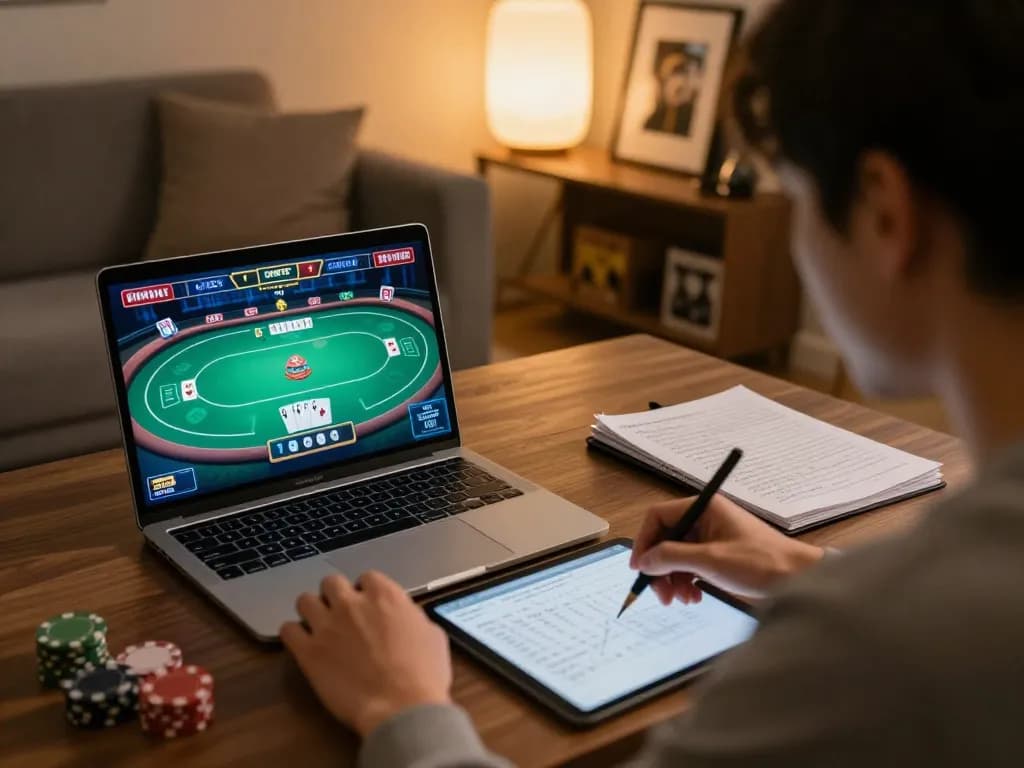 Engaged player on fabet1 using laptop for poker strategy in cozy home setting.