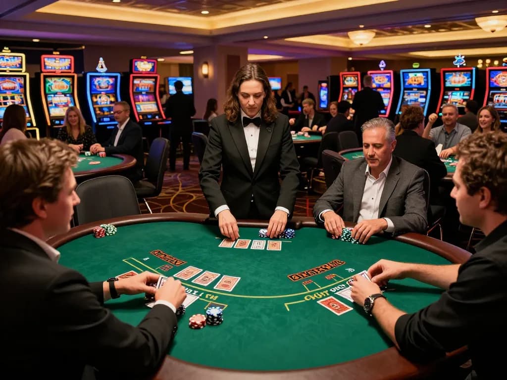 Players strategizing at blackjack tables in an upscale Ok9 casino setting, capturing an engaging and dynamic atmosphere