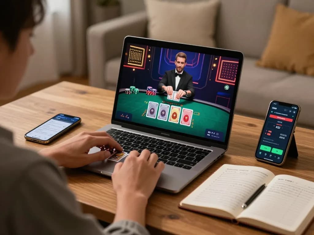Engaged player managing bets on da88pc live dealer blackjack with strategy notes.