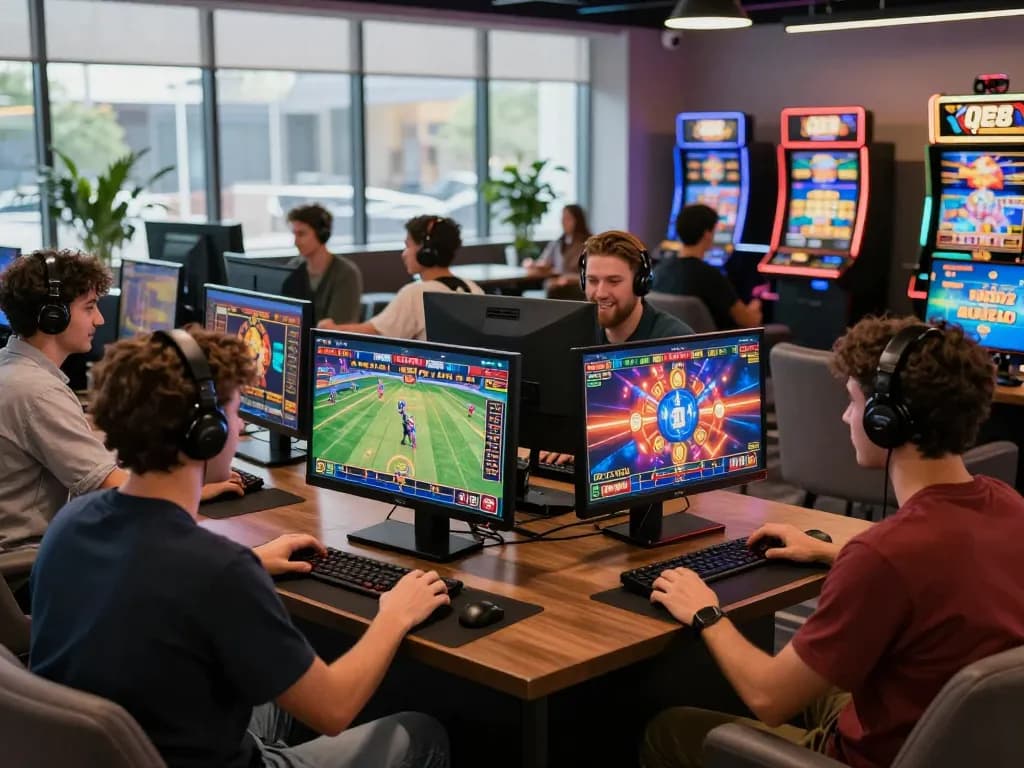 Enthusiastic players enjoying the QE8 online betting platform in a vibrant gaming lounge atmosphere.