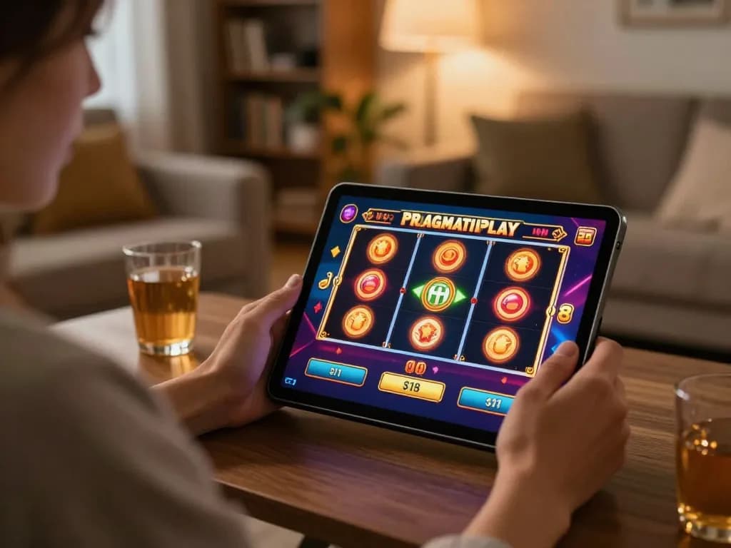 Engaging scene of a player enjoying Pragmati Play online slots from a cozy home environment.