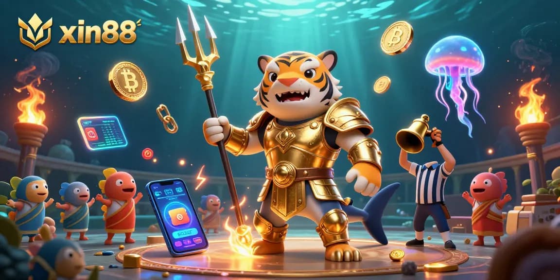 Engage with xin88's thrilling underwater gaming experience featuring a tiger shark, coins, and vibrant scenes.