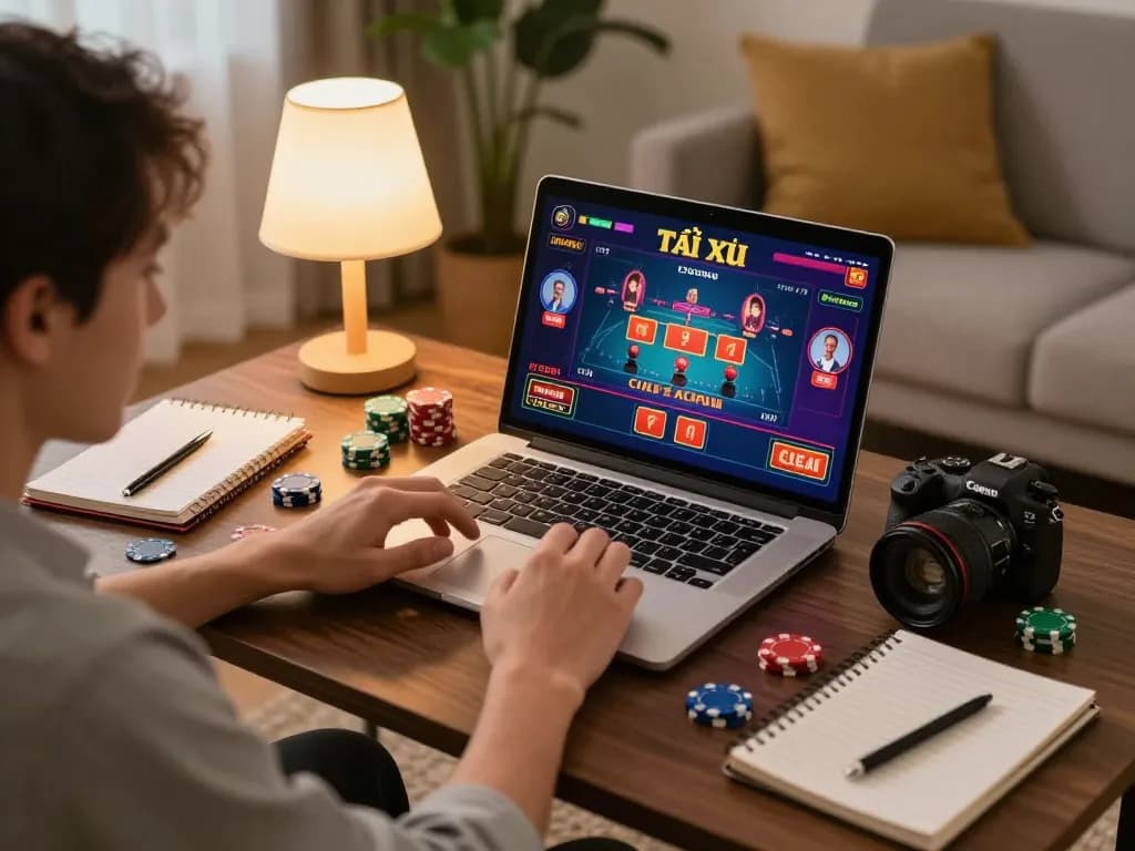 Tài Xỉu online gameplay shown on laptop, person engaged in strategic betting at home.