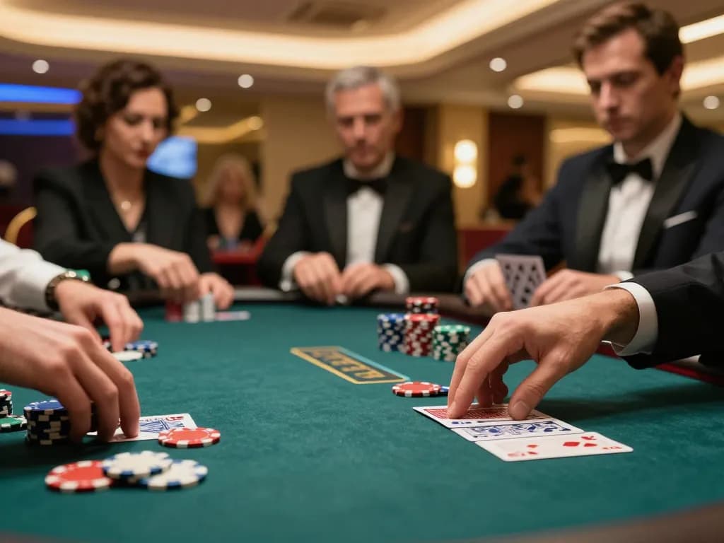 abc8 players placing strategic bets in an upscale poker game amidst luxurious casino decor
