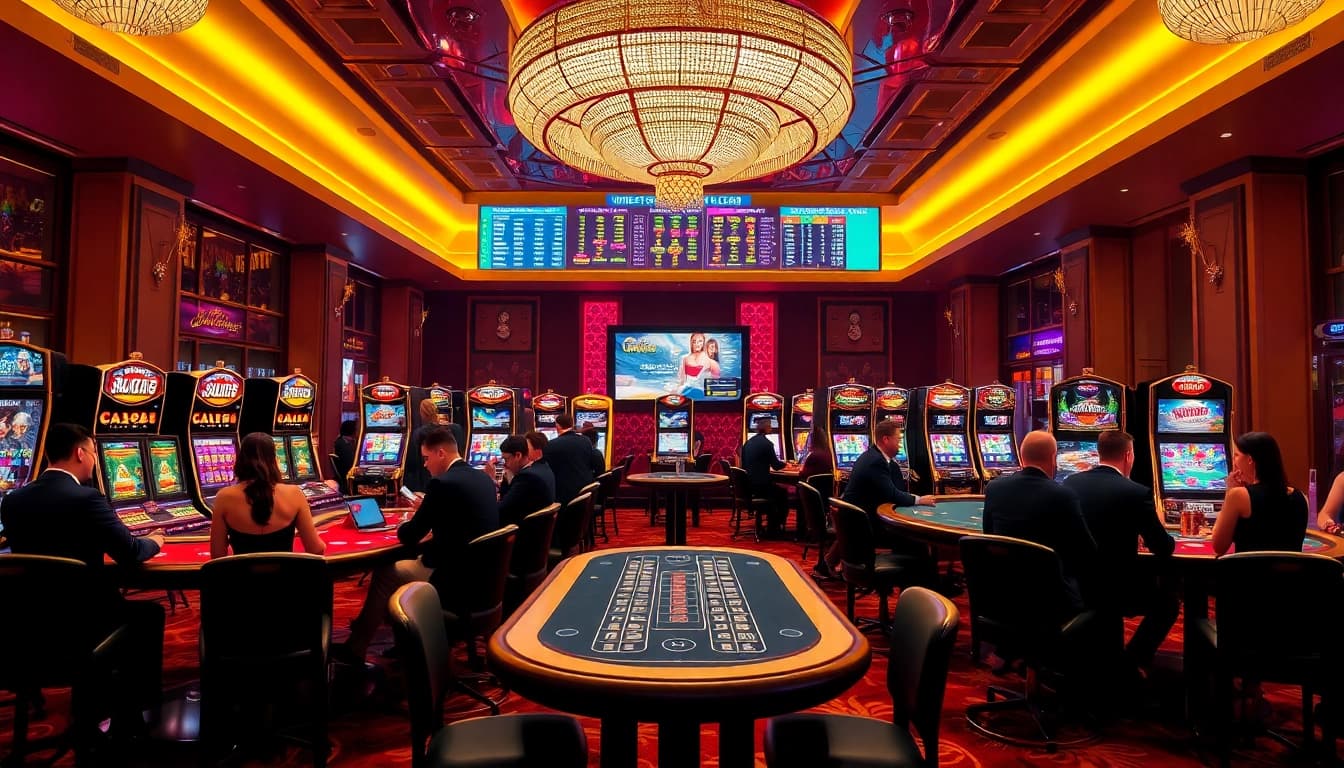 Gambling excitement at Win678 with players engaged in poker and vibrant slot machines.