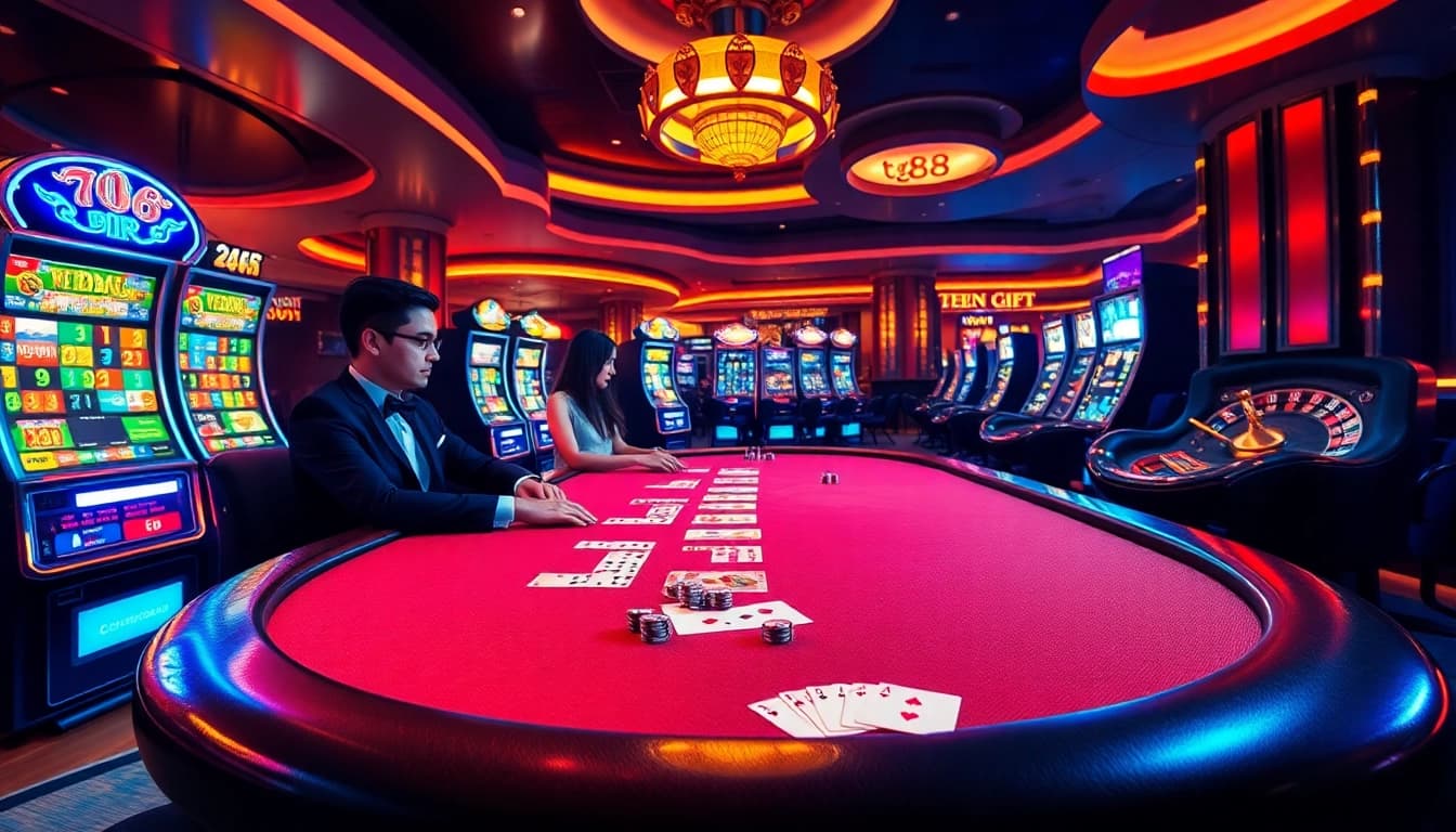 Engaging in a thrilling casino experience at tg88 with poker chips and slot machines