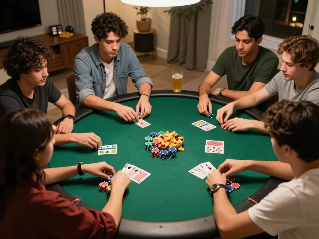 Friends enjoying competitive poker game night, showcasing man88 gaming strategies in vibrant home setting.