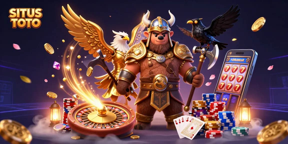 Engage in thrilling gameplay with SITUS TOTO, showcasing bold characters and vibrant casino elements.