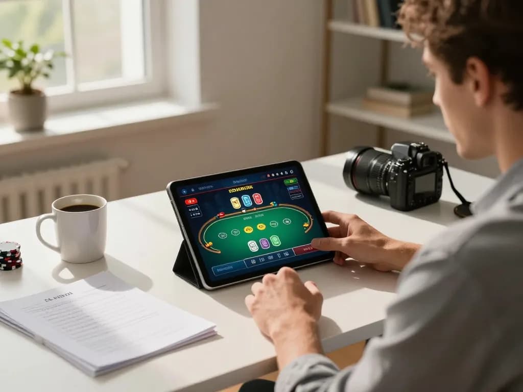 Player enjoying online poker at home using XX88 on a tablet, focused and relaxed gaming atmosphere.